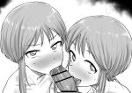  1boy 2girls absurdres bar_censor blush censored collarbone commentary_request cooperative_fellatio elpeo_puru fellatio greyscale gundam gundam_zz highres kaiman_garupan licking looking_at_viewer monochrome multiple_girls nose_blush oral penis pov puru_two short_hair_with_long_locks siblings sisters sweat teamwork_(sexual) tongue tongue_out twins v-shaped_eyebrows white_background 
