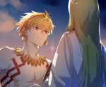  1boy 1other absurdres blonde_hair body_markings closed_mouth cloud earrings enkidu_(fate) fate_(series) gilgamesh_(fate) green_hair hair_between_eyes highres jewelry long_hair looking_at_another necklace pectorals piercing red_eyes robe short_hair sky smile tj0yzi0vrkl7gny upper_body very_long_hair white_robe 