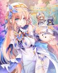  2girls antlers bare_shoulders blonde_hair blue_eyes breasts commentary_request cup deer_antlers detached_sleeves dodoco_(genshin_impact) dress genshin_impact hair_over_one_eye hand_on_own_face hand_up hat highres holding holding_cup horns large_breasts lauma_(genshin_impact) leaning_to_the_side long_hair long_sleeves looking_at_viewer multiple_girls nicole_reeyn notice_lines pantyhose parted_lips pointy_ears sakurano_ru signature very_long_hair white_dress white_hat white_pantyhose white_sleeves 