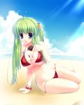  arm_support bad_id bad_pixiv_id beach bikini blue_eyes breasts cloud day food futaori_arisa green_hair highres large_breasts long_hair original outdoors popsicle sitting solo swimsuit tongue twintails untied 