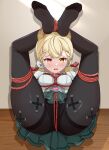  1girl alice_thymefield animal_ears ass bdsm black_pantyhose blonde_hair blush bondage bound bound_ankles bound_legs braid breast_bondage breasts chinese_commentary commentary_request green_skirt hair_ornament heterochromia highres indoors legs_up looking_at_viewer lying on_back open_mouth pantyhose rabbit_ears rabbit_girl red_eyes red_rope rope shibari shibari_over_clothes shirt skirt solo sphere_hair_ornament spread_legs thighs twintails white_shirt wooden_floor xinyu_ypd3167 yellow_eyes zenless_zone_zero 