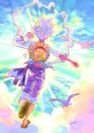  1boy arm_up artist_name bird blue_sash blue_shorts clenched_hands cloud commentary_request curly_hair denim denim_shorts from_behind furol_nicoco gear_fifth hagoromo hat highres light_rays male_focus monkey_d._luffy ocean one_piece outstretched_arm sandals sash seagull shawl shirt shorts sky solo straw_hat sun sunbeam sunlight unworn_headwear white_hair white_shirt 