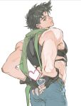  1boy abs arms_behind_back bare_shoulders battle_tendency belt black_gloves black_hair blue_eyes blue_pants brown_belt closed_mouth denim fingerless_gloves gloves green_scarf heart highres jeans jojo_no_kimyou_na_bouken joseph_joestar joseph_joestar_(young) kurumi_(recycllamo) looking_back male_focus midriff pants scarf short_hair simple_background solo standing toned toned_male white_background 