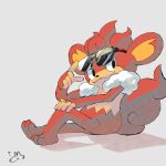  :3 absurdres adjusting_eyewear black_eyes closed_mouth commentary_request from_side highres komukomu pokemon pokemon_(creature) pokemon_focus simisear sitting smile solo sunglasses 