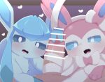 2026 ambiguous_gender bestiality blue_body blue_ears blue_fur blue_inner_ear blue_sclera blush blush_lines censor_bar censored censored_genitalia censored_penis cute_fangs eeveelution fangs female_(lore) feral fur generation_4_pokemon generation_6_pokemon genitals glaceon group heart_symbol hi_res himimi human interspecies looking_at_viewer male mammal nintendo open_mouth paws penis pink_body pink_ears pink_fur pokemon pokemon_(species) pokephilia ribbons_(anatomy) sylveon teeth trio white_body white_eyes white_fur