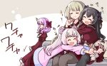  +++ 4girls :d ^_^ assault_lily belt belt_buckle black_hair black_thighhighs blonde_hair blue_eyes blue_jacket blue_ribbon blunt_bangs bow bowtie breasts brown_background brown_cardigan brown_pantyhose brown_sailor_collar buckle cardigan cardigan_around_waist closed_eyes clothes_around_waist commentary couch cousins double_bun frilled_skirt frills hair_bow hair_bun hair_ribbon hand_on_own_chin hands_up heads_together hug hug_from_behind jacket juliet_sleeves kanba_girls_high_school_uniform long_hair long_sleeves looking_at_another looking_to_the_side lying lying_on_lap medium_breasts miyagawa_takane morugen motion_lines multicolored_jacket multiple_girls necktie on_couch on_stomach open_clothes open_hands open_jacket open_mouth outstretched_arms pantyhose pink_bow pink_hair pink_jacket profile puffy_sleeves red_belt red_bow red_shirt red_skirt ribbon sadamori_himeka sailor_collar school_uniform serafuku shirt sitting sitting_between_legs skirt smile sparkle spoken_star standing star_(symbol) thighhighs twintails two-tone_background two-tone_jacket two_side_up white_background white_bow white_bowtie white_necktie yokota_haruna 