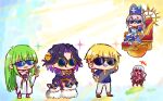 +++ 1girl 1other 3boys :d animal bangle black_hair blue_flower blue_shirt boots bracelet brown-framed_eyewear brown_shoes chibi collared_shirt commentary_request crossed_arms crossed_legs dog dress_shirt enkidu_(fate) fate/grand_order fate_(series) floating flower francois_prelati_(fate) gilgamesh_(caster)_(fate) gilgamesh_(fate) grin hair_ornament hand_on_own_hip jacket jewelry johanna_(fate) john_lackland_(fate) kasuga_yuuki knee_boots long_sleeves multicolored_hair multiple_boys pants pink_flower purple-framed_eyewear purple_boots purple_hair purple_jacket robe round_eyewear shirt shoes short_sleeves sitting smile sparkle standing star-shaped_eyewear star_(symbol) sunglasses throne two-tone_hair v-shaped_eyebrows white_pants white_robe wide_sleeves 