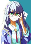  1girl adjusting_eyewear chone commentary_request glasses green_eyes grey_hair heaven_burns_red izumi_yuki korean_commentary long_hair looking_at_viewer neck_ribbon open_clothes open_shirt red_ribbon ribbon solo upper_body 