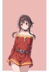  1girl :t arms_behind_back bare_shoulders belt belt_collar blush border brown_hair collar collarbone commentary dress highres jitome kono_subarashii_sekai_ni_shukufuku_wo! long_sleeves megumin off-shoulder_dress off_shoulder outside_border pink_background pout puteme red_dress red_eyes short_hair_with_long_locks simple_background solo standing v-shaped_eyebrows white_border 