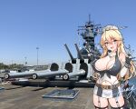  1girl absurdres american_flag american_flag_legwear american_flag_print blonde_hair blue_eyes breasts double_v elbow_gloves flag_print front-tie_top furaggu_(frag_0416) garter_straps gloves hair_between_eyes headgear highres iowa_(kancolle) kantai_collection large_breasts long_hair miniskirt open_mouth photo_background round_teeth skirt smile solo star-shaped_pupils star_(symbol) striped_clothes striped_skirt striped_thighhighs symbol-shaped_pupils teeth thighhighs upper_teeth_only v vertical-striped_clothes vertical-striped_skirt vertical-striped_thighhighs very_long_hair 