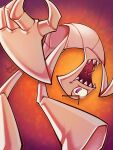  1boy artist_name claws colored_sclera commentary english_commentary evil_smile fold_(gameoverse) gameoverse highres looking_at_viewer no_humans open_mouth orange_background possiblychoopie purple_eyes sharp_teeth smile solo teeth tongue yellow_sclera 