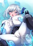  1girl akershus_fortress_(oshiro_project) alternate_breast_size_(larger) black_corset black_gloves blue_cloak blue_eyes blush bodysuit braid breasts cameltoe center_frills cloak commentary_request corset frilled_shirt frills fur-trimmed_cloak fur_trim ghost_hands giant_hand gloves grey_hair hair_ornament highres huge_breasts kekocha long_sleeves looking_at_viewer open_mouth oshiro_project:re shirt short_hair solo_focus spread_legs swept_bangs tight_clothes white_bodysuit white_shirt 
