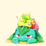  animal_on_head bird bird_on_head browt closed_eyes commentary highres ivysaur kinakomochi_(kazuna922) lying on_head on_stomach pokemon pokemon_(creature) pokemon_focus red_eyes sleeping untranslatable_commentary 