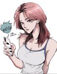  1boy 1girl arm_behind_back armpit_crease arrow_(symbol) bare_shoulders black_hair black_nails breasts cellphone cleavage closed_mouth collarbone commentary_request cropped_head earrings eyelashes genderswap genderswap_(mtf) hair_between_eyes hand_up holding holding_phone itadori_yuji jewelry jujutsu_kaisen large_breasts lips long_hair looking_at_viewer mesuki_peropero multicolored_hair nail_polish nose parted_lips phone pink_hair red_eyes ryoumen_sukuna_(jujutsu_kaisen) short_hair simple_background smartphone solo_focus spiked_hair stud_earrings tank_top translation_request two-tone_hair upper_body white_background white_tank_top 