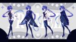  1girl arms_behind_back bare_shoulders black_shorts blue_boots blue_cloak boots bound bound_wrists breasts character_name cloak closed_mouth commentary_request crescent crescent_earrings earrings floating_hair grey_background hair_over_one_eye highres jewelry letterboxed long_hair medium_breasts multiple_views promeia_(zenless_zone_zero) purple_eyes purple_nails shorts thigh_boots two-tone_shorts very_long_hair white_shorts wifi12341234 zenless_zone_zero 
