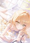  1girl absurdres belt blonde_hair blue_archive blush bra breasts closed_mouth commentary dated_commentary downblouse feet_up green_eyes hair_intakes hair_spread_out halo highres long_hair looking_at_viewer lying okkimon on_bed on_stomach panties pov professor_niyaniya_(blue_archive) small_breasts smile socks solo underwear underwear_only wavy_hair white_bra white_panties white_socks yellow_halo 