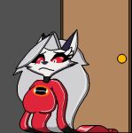 anthro bodysuit canid canid_demon canine clothing cosplay crossover crossover_cosplay demon disney door elastic female flattened helen_parr hellaverse hellhound helluva_boss latex latex_bodysuit latex_clothing latex_skinsuit loona_(helluva_boss) low_res mammal mythological_canine mythological_creature mythology pixar skinsuit solo the_incredibles themadastronaut tight_clothing