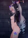  1girl after_rape arms_bound_above_head black_gloves black_jacket blush bottomless bound bound_wrists breasts commentary_request crying crying_with_eyes_open cum cum_on_body cum_on_breasts eyewear_on_head facial fingerless_gloves from_side gloves grey_eyes grey_hair hajika highres honkai:_star_rail honkai_(series) jacket long_hair nipples open_mouth ponytail purple-tinted_eyewear silver_wolf_(honkai:_star_rail) small_breasts solo tears tinted_eyewear very_long_hair 