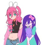  2girls alternate_costume animal_ear_headphones animal_ears aqua_dress aubrey_(birthday)_(omori) aubrey_(faraway)_(omori) aubrey_(headspace)_(omori) aubrey_(omori) blue_bow blue_eyes blue_pants blush bow braid cardigan closed_eyes closed_mouth commentary_request denim double-parted_bangs dress fake_animal_ears hair_bow hair_ornament hairclip headphones jeans long_hair mr._plantegg_(omori) multiple_girls navel noriz98925 official_alternate_costume omori open_mouth pants pink_bow pink_cardigan purple_hair rabbit_ear_headphones rabbit_ears short_sleeves sidelocks twin_braids 