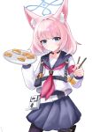  1girl absurdres animal_ear_fluff animal_ears armband belt black_pantyhose black_sailor_collar black_skirt blue_archive blue_eyes blue_halo blunt_bangs blush chest_harness chinese_commentary chopsticks closed_mouth collarbone commentary_request cowboy_shot dual_wielding food fox_ears fox_girl hair_intakes halo hands_up harness headset highres holding holding_chopsticks holding_plate inarizushi incoming_food long_sleeves looking_at_viewer medium_hair midriff_peek miniskirt neckerchief niko_(blue_archive) pantyhose plate pleated_skirt red_armband red_neckerchief sailor_collar sailor_shirt school_uniform serafuku shirt simple_background skirt smile solo sushi tactical_school_uniform tsurime white_background white_belt white_shirt yang_any_mao 