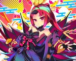  1girl bare_shoulders beni-enma beni-enma_alter bird_hair_ornament black_gloves blush breasts commentary fate/grand_order fate_(series) feather_trim fingerless_gloves gloves hair_ornament highres katana long_hair looking_at_viewer low_ponytail obi outstretched_arm parted_bangs ponytail red_eyes red_hair sash small_breasts solo suntakuchan sword weapon 