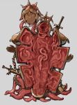  1other :| alterkyon blank_eyes chain closed_mouth commentary flesh gold_chain grey_background iron_maiden mask metal_skin monster no_humans original simple_background solo statue sword tentacles untranslatable_commentary weapon 
