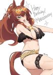  1girl absurdres animal_ears aqua_eyes bikini black_bikini blush breasts brown_hair brown_tail chain character_name cleavage commentary eyewear_on_head frilled_bikini frills gold_chain happy_birthday heart heart-shaped_eyewear highres horse_ears horse_girl horse_tail large_breasts long_hair looking_at_viewer maruzensky_(hot_summer_night)_(umamusume) maruzensky_(umamusume) navel official_alternate_costume official_alternate_hairstyle one_eye_closed open_mouth orange-tinted_eyewear pinepin ponytail simple_background smile solo stomach swimsuit tail thigh_strap thighs tinted_eyewear umamusume white-framed_eyewear white_background 