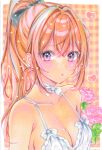  1girl :o armpit_crease arms_at_sides black_bow bow bow_camisole bowtie breasts camisole cleavage collarbone commentary_request crossed_bangs dot_nose double-parted_bangs flower gingham_background hair_bow hananagi_honoka heart highres large_breasts long_hair looking_at_viewer marker_(medium) no_bra orange_hair original parted_lips pink_eyes pink_flower pink_rose ponytail rose sideboob solo spaghetti_strap traditional_media upper_body white_bow white_bowtie white_camisole 