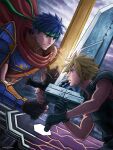  2boys blonde_hair blue_eyes cloud_strife commentary_request final_fantasy final_fantasy_vii fire_emblem fire_emblem:_radiant_dawn green_headband headband highres holding holding_sword holding_weapon huge_weapon ike_(fire_emblem) kotatsumuri_(yaugau) male_focus multiple_boys ragnell short_hair super_smash_bros. sword two-handed_sword weapon 