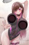  1girl absurdres against_glass arm_behind_head armpits ass black_one-piece_swimsuit blush breast_press breasts breasts_on_glass brown_hair closed_mouth commentary_request competition_swimsuit covered_navel cowboy_shot highres hirakoharu hoiting_(vtuber) indie_virtual_youtuber large_breasts long_hair looking_at_viewer one-piece_swimsuit pink_eyes shower_head showering smile swept_bangs swimsuit symbol-shaped_pupils thigh_strap wet x-shaped_pupils 