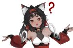  1girl ? absurdres animal_ear_fluff animal_ears barcode barcode_tattoo bare_shoulders bell black_hair breasts cat_ears cat_girl commentary dark-skinned_female dark_skin detached_sleeves dokomon fang forehead_tattoo hairband highres jingle_bell neck_bell nekomiya_mana red_eyes red_hairband red_sleeves small_breasts solo tattoo thick_eyebrows untranslatable_commentary zenless_zone_zero 