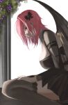  1girl black_bow black_dress black_shrug black_thighhighs black_wings bow breasts commentary dress hair_bow highres looking_at_viewer lying medium_breasts medium_hair on_side pink_hair purple_eyes remielle_dan s7nsles shrug_(clothing) solo thighhighs thighs wings zenless_zone_zero 