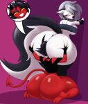 absurd_res anthro big_butt biped bottomless breasts butt butt_grab canid canid_demon canine clothed clothing demon demon_humanoid duo female female/female grey_hair hair hand_on_butt head_between_buttocks hellaverse hellhound helluva_boss hi_res huge_butt humanoid kneeling legwear looking_back loona_(helluva_boss) mammal mechspazer millie_(helluva_boss) mythological_canine mythological_creature mythology red_body spade_tail tail tail_aside thick_thighs thigh_highs white_body