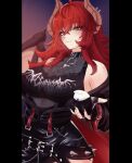  1girl absurdres black_bra black_gloves black_jacket black_nails black_shirt bra bra_visible_through_clothes breasts cleavage dragon_girl dragon_horns dragon_tail fingerless_gloves gloves highres horns jacket large_breasts long_hair looking_at_viewer nail_polish red_hair shirt snowfable socks_agency solo tail underwear virtual_youtuber yellow_eyes zentreya zentreya_(dragon) zentreya_(dragon)_(metalheads) 