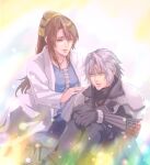  1boy 1girl armor black_coat black_gloves black_pants brown_hair coat english_commentary feet_out_of_frame final_fantasy final_fantasy_vii final_fantasy_vii:_ever_crisis gloves goodsign green_eyes grey_hair jewelry lab_coat light_particles long_hair looking_at_another lucrecia_crescent mother's_day mother_and_child mother_and_son necklace pants parent_and_child parted_lips ribbed_sweater sephiroth sephiroth_(ever_crisis) short_hair shoulder_armor sitting sweater turtleneck turtleneck_sweater white_coat 