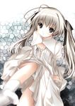  blush bra dress hair_ribbon kasugano_sora lingerie long_hair open_clothes open_mouth ribbon socks solo soukyuu_(crescent_noise) underwear white_hair white_legwear yosuga_no_sora 