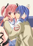  1girl angel_beats! asa_no_ha blue_eyes blush hinata_(angel_beats!) long_hair open_mouth pink_eyes pink_hair school_uniform serafuku short_hair skirt thigh_strap two_side_up yui_(angel_beats!) 