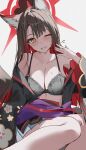  1girl absurdres animal_ear_fluff animal_ears bare_shoulders black_bra black_hair blue_archive blush bra breasts cleavage colored_inner_hair commentary floral_print floral_print_kimono fox_ears fox_girl fox_tail grin halo highres japanese_clothes kimono large_breasts looking_at_viewer multicolored_hair one_eye_closed open_clothes open_kimono pleated_skirt print_kimono purple_sash red_hair red_halo sash skirt smile solo sweat tail two-tone_hair udonpan underwear wakamo_(blue_archive) white_skirt yellow_eyes 