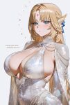  1girl blonde_hair blue_eyes chokopaii closed_mouth commentary dress english_commentary eyelashes facial_mark forehead_mark genshin_impact grey_dress highres long_hair nicole_reeyn patreon_username pointy_ears shadow solo 