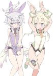  1boy 1girl :d adapted_uniform angel angel_wings animal_ears armpits blade_(galaxist) blonde_hair blue_eyes blush braid bunny_boy bunny_day bunny_ears bunny_girl bunny_pose bunny_tail bunnysuit circlet crossdressing elf embarrassed eyebrows_visible_through_hair fake_animal_ears halo juno_bernal leotard long_hair low_wings luke_venus mini_wings open_mouth pointy_ears pop-up_story purple_eyes silver_hair smile st._feles_gakuen_uniform standing standing_on_one_leg tail twin_braids wings wrist_cuffs 