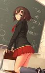  absurdres aner_(qqan00) ass bad_id bad_pixiv_id baka_to_test_to_shoukanjuu brown_hair chair chalkboard copyright_name green_eyes hair_ornament hairclip highres kinoshita_hideyoshi kneehighs male_focus otoko_no_ko school_uniform short_hair skirt solo 