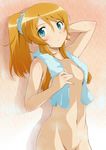  alternate_hairstyle arms_up bad_id bad_pixiv_id blush breasts cleavage groin hair_ornament hairclip hand_behind_head highres kousaka_kirino long_hair medium_breasts navel nude orange_hair ore_no_imouto_ga_konna_ni_kawaii_wake_ga_nai ponytail sawashiro_kei solo towel towel_around_neck wet 