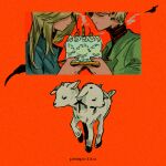  1boy 1girl alt_text anna_liebert artist_name birthday birthday_cake black_shirt blonde_hair blue_jacket brother_and_sister cake candle cherry closed_mouth commentary conjoined covered_eyes english_commentary expressionless food from_side fruit goat green_jacket high_collar holding holding_cake holding_food holding_together jacket johan_liebert light_smile medium_hair monster_(manga) pemprika portrait red_background shirt short_hair siblings simple_background smoke smoke_trail turtleneck twins 