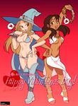  amore_nerezza arm_up bikini blue_footwear blush boots bracelet breasts brown_eyes brown_hair cape character_name dancer dark_skin dated finger_to_mouth flat_color full_body gradient gradient_background happy_valentine hat heart instrument jason_robinson jazmin_neri jewelry locked_arms looking_at_viewer medium_breasts multiple_girls necklace no_pupils open_mouth original pinky_out sandals side-tie_bikini signature smile spiked_bracelet spikes spoken_heart standing swimsuit tambourine text_focus thigh_boots thighhighs underboob valentine witch_hat 