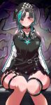  1girl absurdres adjustable_wrench aqua_streaks asymmetrical_bangs belt beret black_choker black_hair blush breasts choker collarbone commentary_request denim denim_shorts dress earrings feet_out_of_frame floating_earrings gradient_hair graffiti hat headphones headphones_around_neck highres hololive hololive_dev_is jewelry knee_strap long_sleeves looking_at_viewer medium_hair multicolored_hair nema_029 o-ring o-ring_belt o-ring_thigh_strap off-shoulder_dress off_shoulder rindo_chihaya shorts sitting skindentation solo spiked_dress spiked_hat streaked_hair thick_thighs thigh_strap thighs virtual_youtuber wariza white_streaks wrench 