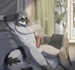 5_fingers animal_genitalia anthro balls bodily_fluids dripping erection eyewear fingers fur furniture genital_fluids genitals grey_body grey_fur hair hand_behind_head hi_res inside looking_at_viewer male mammal markings masturbation nude_male precum precum_drip procyonid raccoon ruzaki sam(gonanne) smile smiling_at_viewer sofa solo striped_markings striped_tail stripes sunglasses tail tail_markings