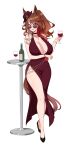 1girl absurdres alternate_costume animal_ears arm_under_breasts bracelet braid breasts brown_hair brown_tail cleavage commentary_request cup dewanewbie dress dress_flower drinking_glass ears_through_headwear flower forever_young_(umamusume) full_body glasses green_eyes half_up_braid hat high_heels highres holding holding_cup horse_ears horse_girl horse_tail jewelry large_breasts long_hair looking_at_viewer mini_hat mixed-language_commentary multicolored_hair open_mouth ponytail purple-tinted_eyewear red_dress red_flower red_hat red_rose red_shoes red_streaks rose round_table shoes side_slit smile solo standing streaked_hair table tail teeth thighs tinted_eyewear transparent_background umamusume upper_teeth_only white_streaks wine_glass 