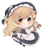  1girl apron back_bow black_hat black_shoes black_skirt black_vest blonde_hair bow braid chibi chibi_only commentary_request frilled_skirt frills hair_bow hat hat_bow highres kirisame_marisa long_hair shoes side_braid simple_background single_braid skirt socks solo touhou twitter_username uzuki_(amayadori) very_long_hair vest waist_apron white_apron white_background white_bow white_socks witch_hat yellow_eyes 