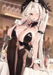  1girl absurdres alcohol animal_ears armband azur_lane bar_(place) black_leotard black_thighhighs breasts candle commentary_request cross cup eyes_visible_through_hair fake_animal_ears feet_out_of_frame frilled_armband frilled_leotard frills highres holding holding_cup huge_breasts indoors iron_cross kimiimik leotard long_hair looking_at_viewer manjuu_(azur_lane) multicolored_hair official_alternate_costume open_mouth playboy_bunny prinz_eugen_(azur_lane) prinz_eugen_(between_tipsiness_and_a_wager)_(azur_lane) rabbit_ears red_streaks revision sitting solo streaked_hair thighhighs tongue tongue_out torn_clothes torn_thighhighs very_long_hair white_hair white_wrist_cuffs wrist_cuffs yellow_eyes 