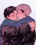  2boys black_hair blue_scarf blush brown_hair closed_eyes closed_mouth commentary_request couple freckles highres hug jean_kirstein korean_commentary male_focus marco_bott multiple_boys o0_n0_aot_921 scarf shared_clothes shared_scarf shingeki_no_kyojin short_hair sideburns simple_background teeth white_background yaoi 